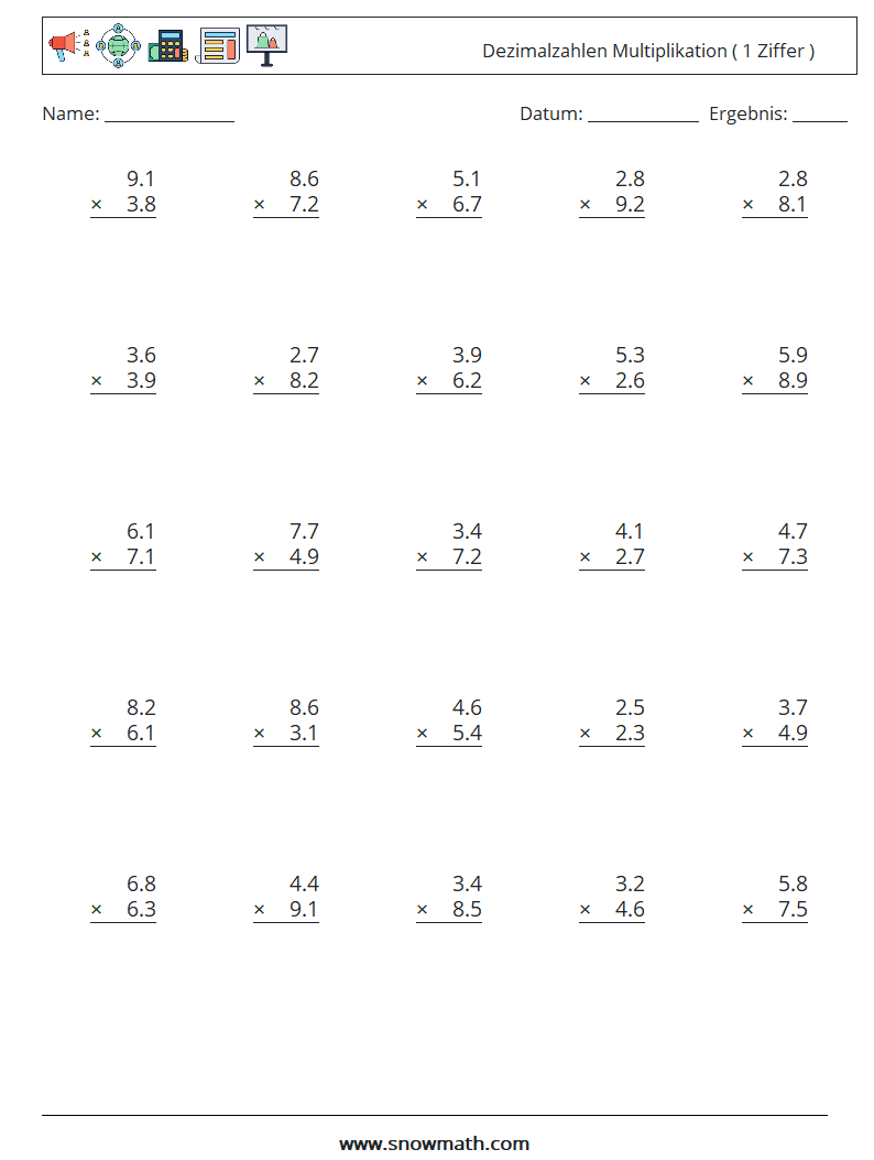 (25) Dezimalzahlen Multiplikation ( 1 Ziffer ) Mathe-Arbeitsblätter 4