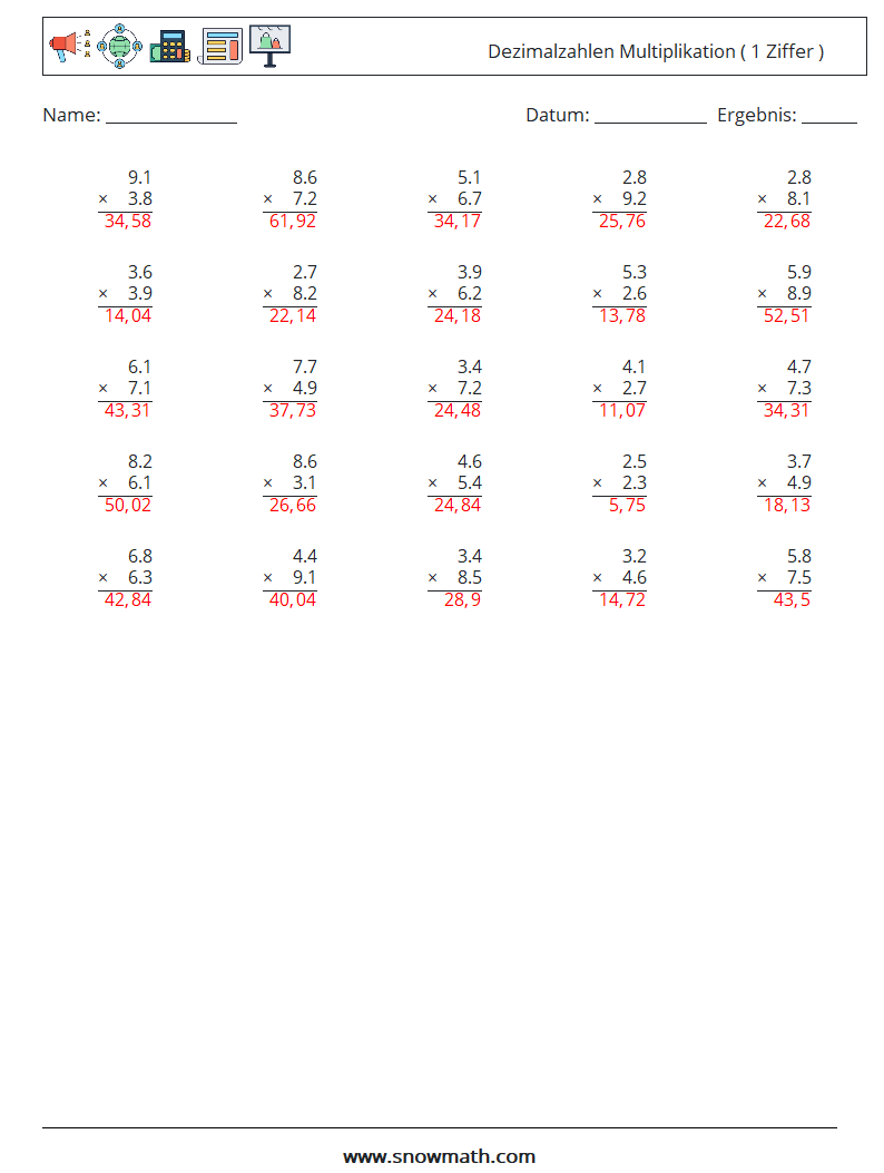 (25) Dezimalzahlen Multiplikation ( 1 Ziffer ) Mathe-Arbeitsblätter 4 Frage, Antwort