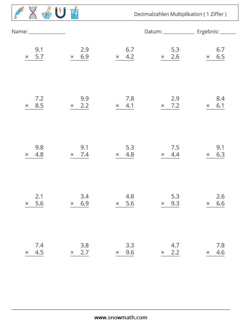(25) Dezimalzahlen Multiplikation ( 1 Ziffer ) Mathe-Arbeitsblätter 5
