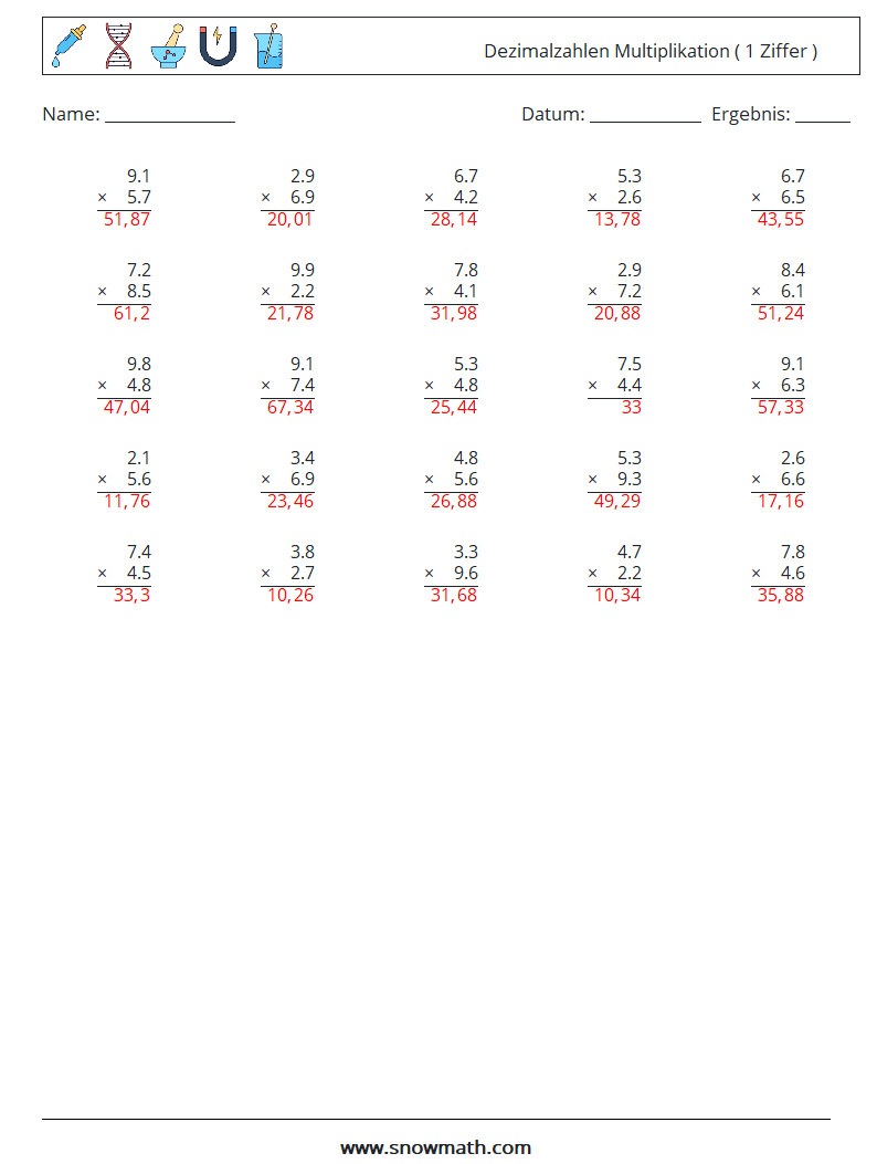 (25) Dezimalzahlen Multiplikation ( 1 Ziffer ) Mathe-Arbeitsblätter 5 Frage, Antwort