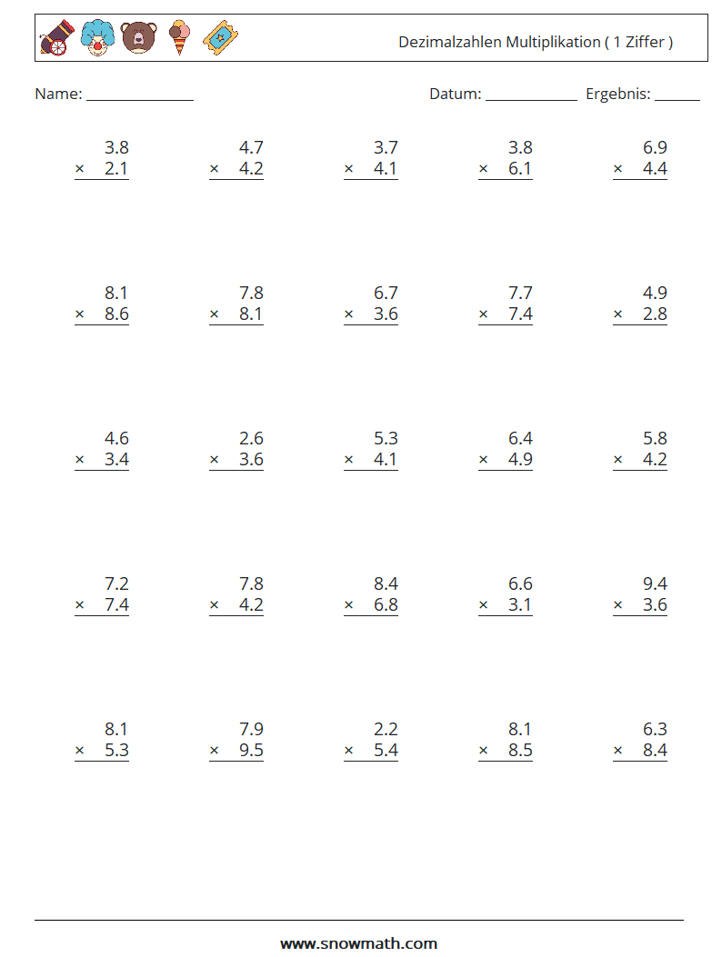 (25) Dezimalzahlen Multiplikation ( 1 Ziffer ) Mathe-Arbeitsblätter 6