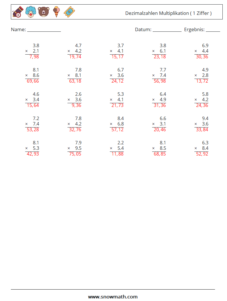 (25) Dezimalzahlen Multiplikation ( 1 Ziffer ) Mathe-Arbeitsblätter 6 Frage, Antwort