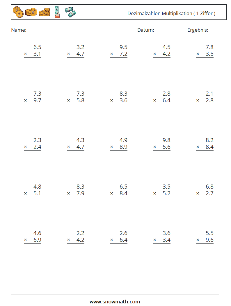 (25) Dezimalzahlen Multiplikation ( 1 Ziffer ) Mathe-Arbeitsblätter 7