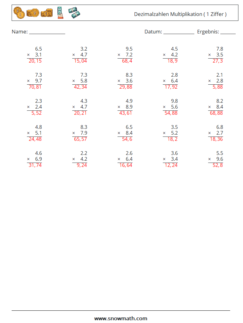 (25) Dezimalzahlen Multiplikation ( 1 Ziffer ) Mathe-Arbeitsblätter 7 Frage, Antwort