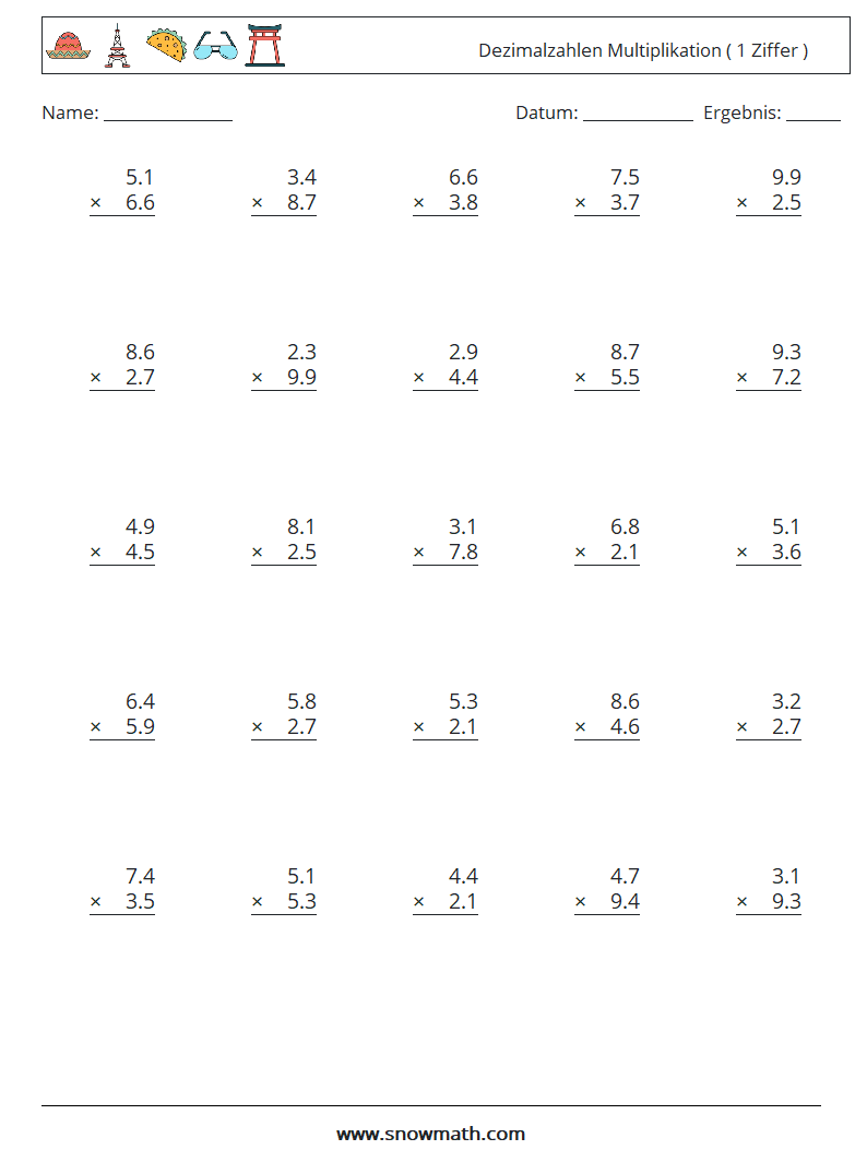 (25) Dezimalzahlen Multiplikation ( 1 Ziffer ) Mathe-Arbeitsblätter 8