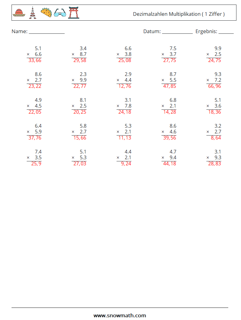 (25) Dezimalzahlen Multiplikation ( 1 Ziffer ) Mathe-Arbeitsblätter 8 Frage, Antwort