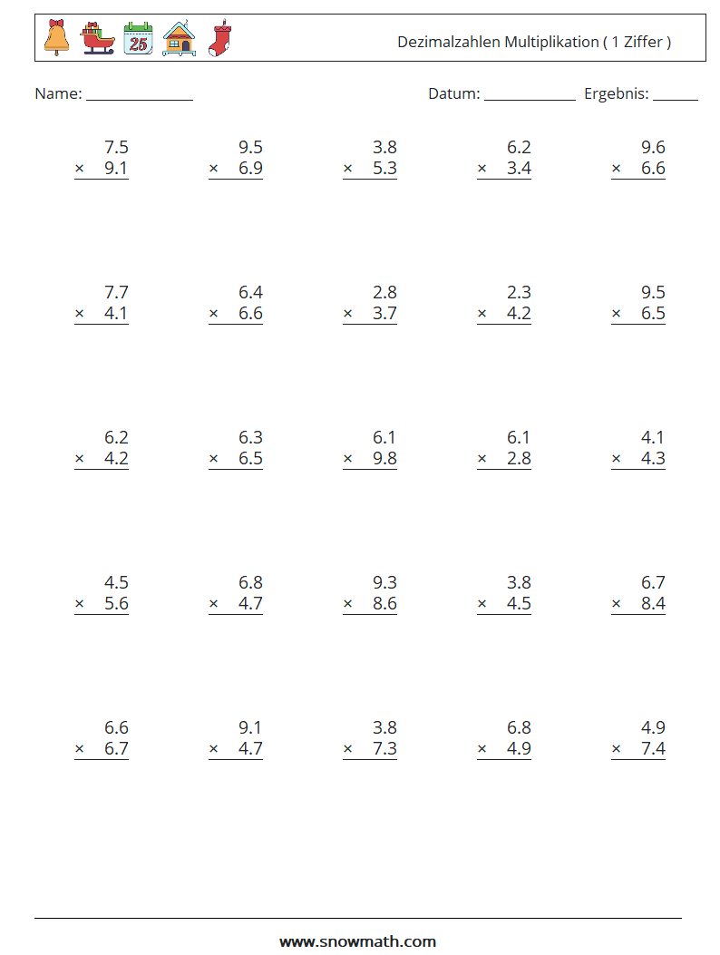(25) Dezimalzahlen Multiplikation ( 1 Ziffer ) Mathe-Arbeitsblätter 9