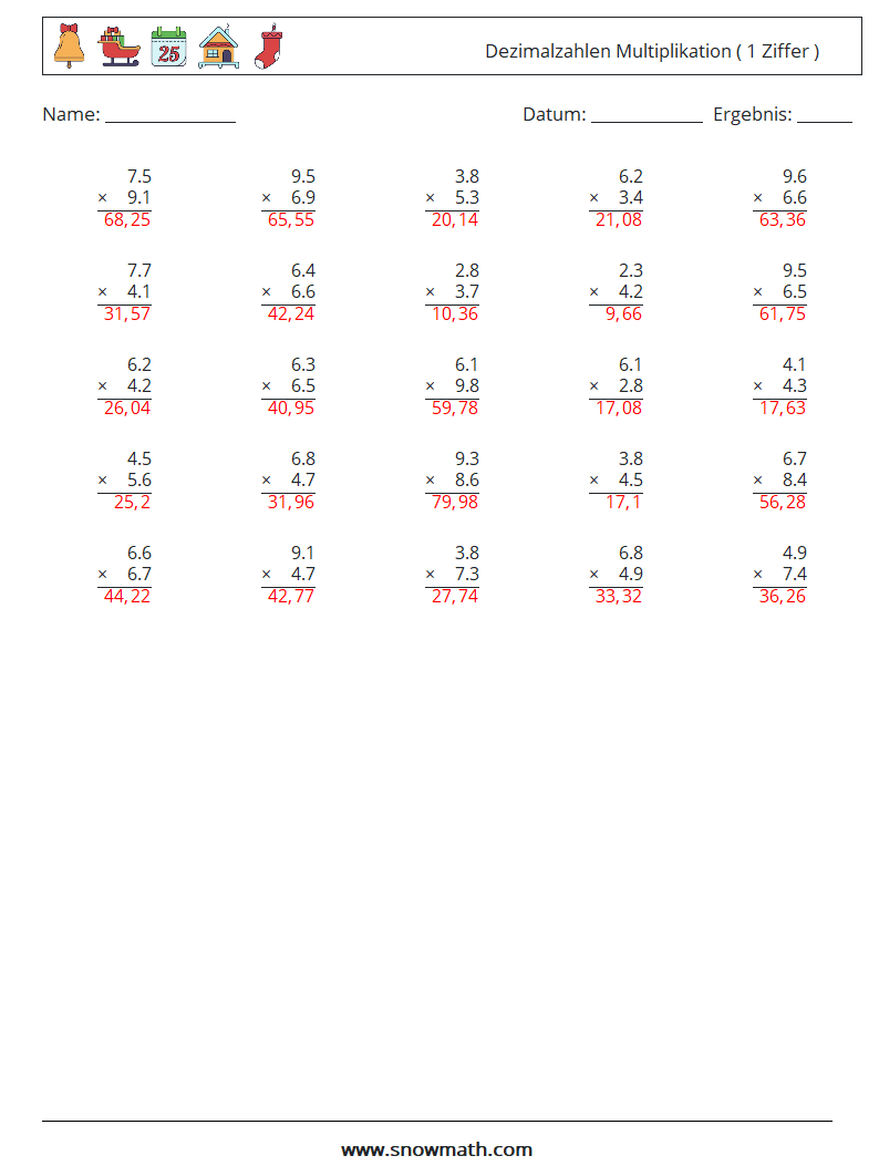 (25) Dezimalzahlen Multiplikation ( 1 Ziffer ) Mathe-Arbeitsblätter 9 Frage, Antwort
