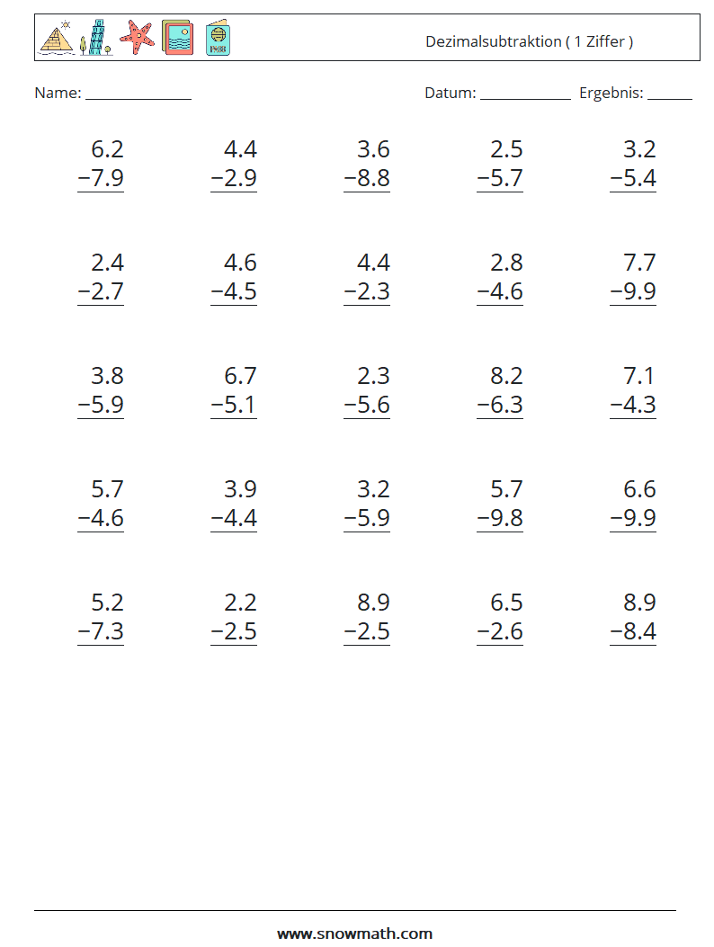 (25) Dezimalsubtraktion ( 1 Ziffer ) Mathe-Arbeitsblätter 10