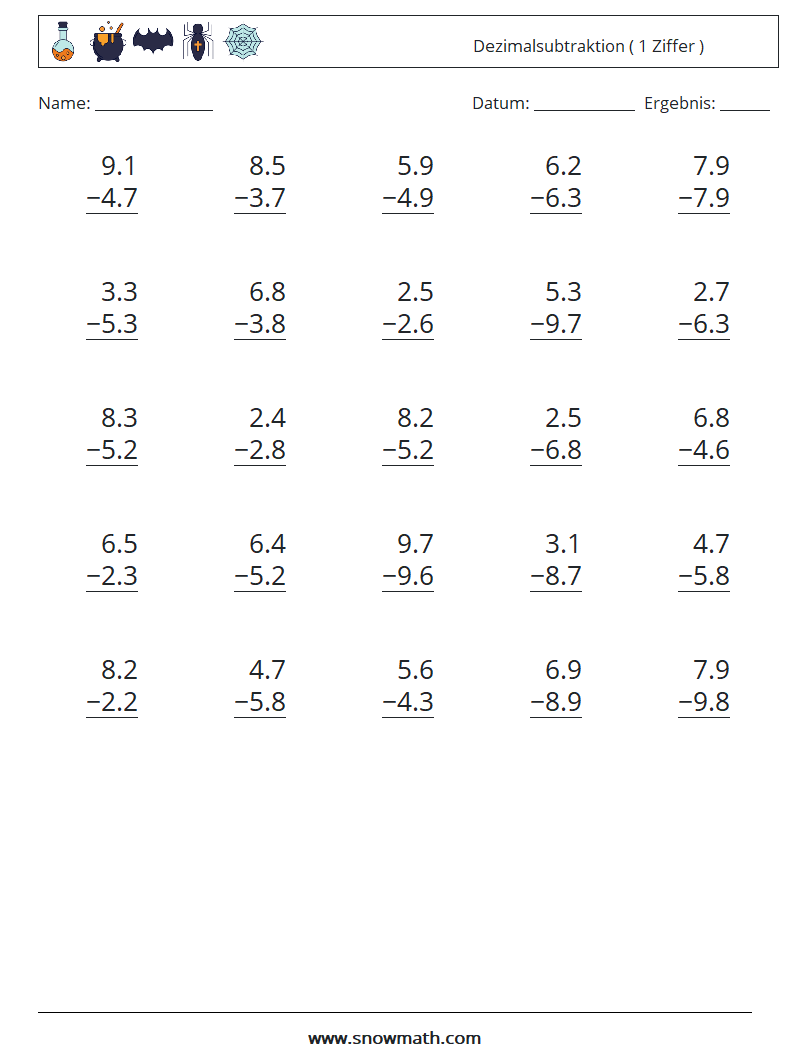 (25) Dezimalsubtraktion ( 1 Ziffer ) Mathe-Arbeitsblätter 11