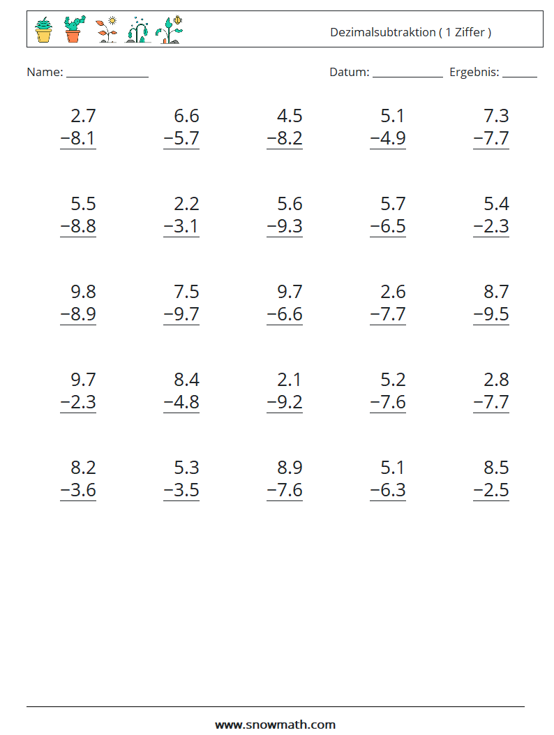 (25) Dezimalsubtraktion ( 1 Ziffer ) Mathe-Arbeitsblätter 12