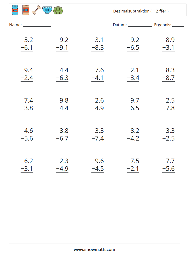 (25) Dezimalsubtraktion ( 1 Ziffer ) Mathe-Arbeitsblätter 13