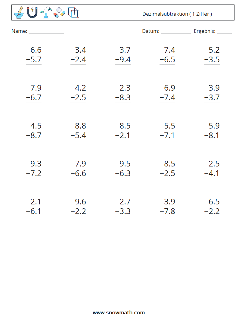 (25) Dezimalsubtraktion ( 1 Ziffer ) Mathe-Arbeitsblätter 14