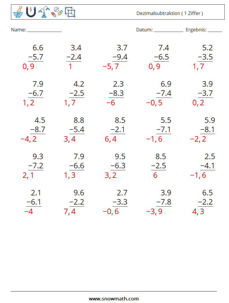 (25) Dezimalsubtraktion ( 1 Ziffer ) Mathe-Arbeitsblätter 14 Frage, Antwort