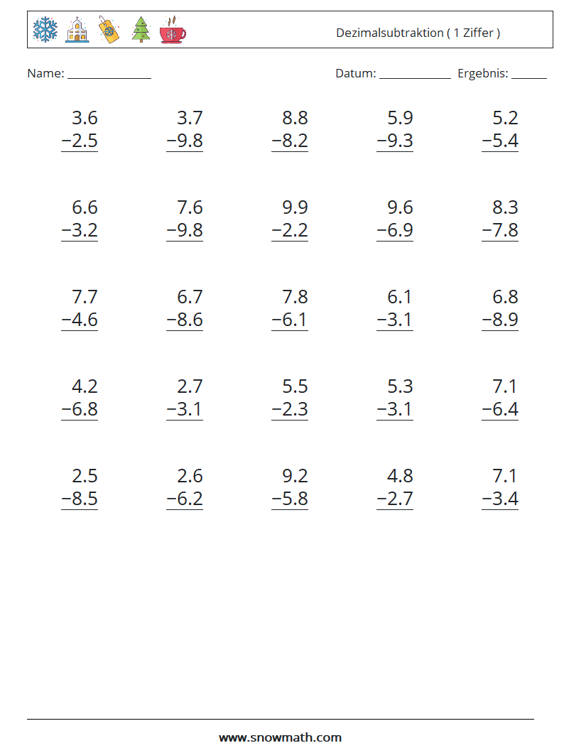 (25) Dezimalsubtraktion ( 1 Ziffer ) Mathe-Arbeitsblätter 15