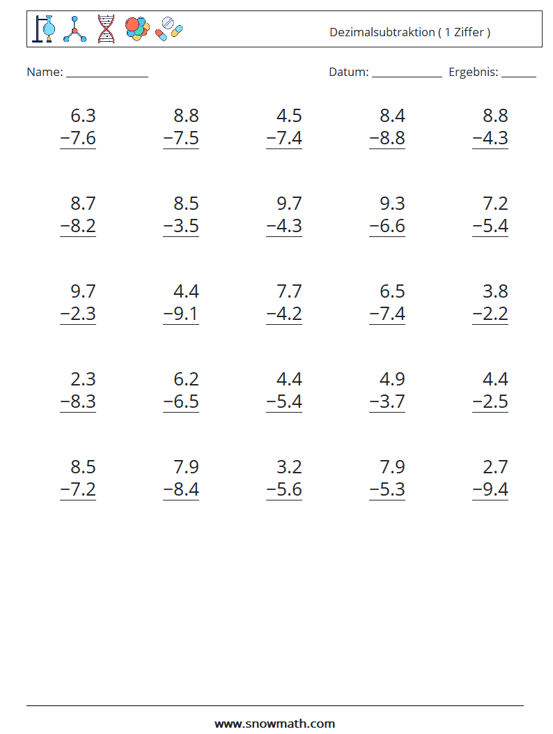 (25) Dezimalsubtraktion ( 1 Ziffer ) Mathe-Arbeitsblätter 16