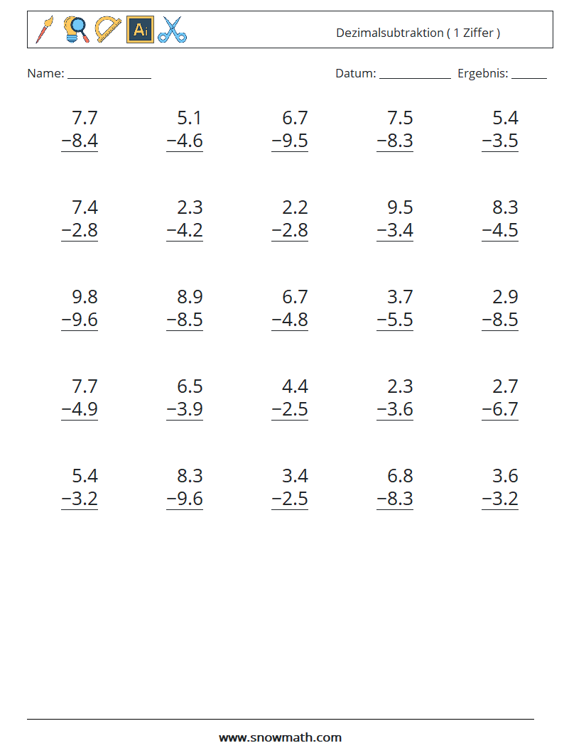 (25) Dezimalsubtraktion ( 1 Ziffer ) Mathe-Arbeitsblätter 17