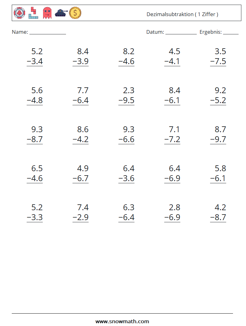 (25) Dezimalsubtraktion ( 1 Ziffer ) Mathe-Arbeitsblätter 18