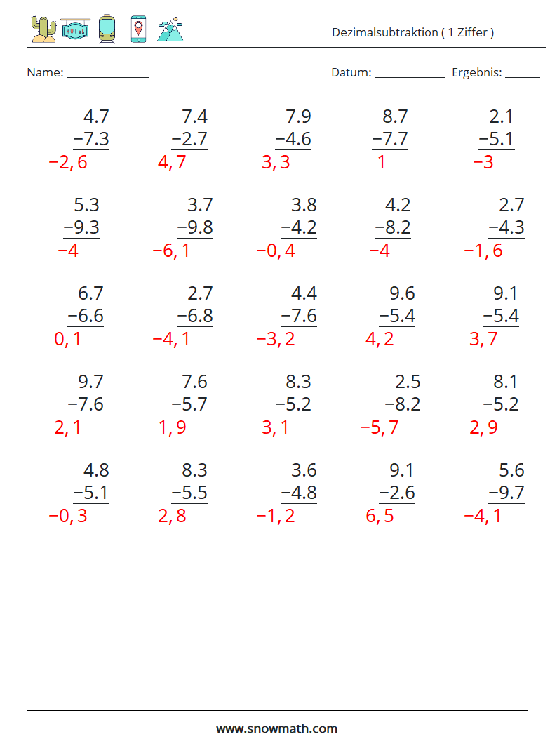(25) Dezimalsubtraktion ( 1 Ziffer ) Mathe-Arbeitsblätter 1 Frage, Antwort