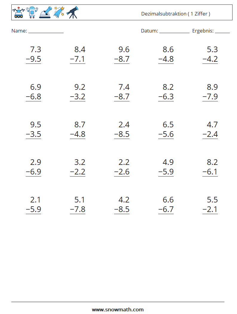 (25) Dezimalsubtraktion ( 1 Ziffer ) Mathe-Arbeitsblätter 2
