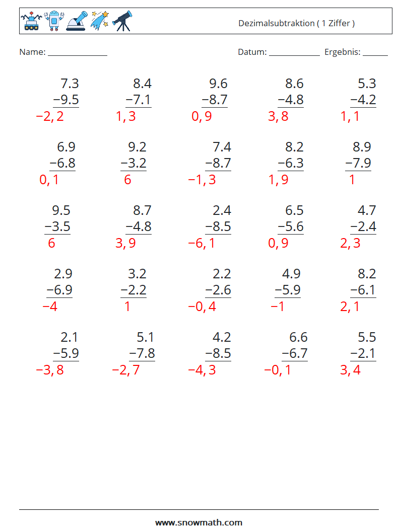 (25) Dezimalsubtraktion ( 1 Ziffer ) Mathe-Arbeitsblätter 2 Frage, Antwort