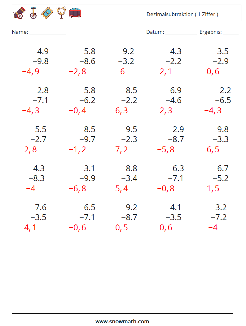 (25) Dezimalsubtraktion ( 1 Ziffer ) Mathe-Arbeitsblätter 3 Frage, Antwort