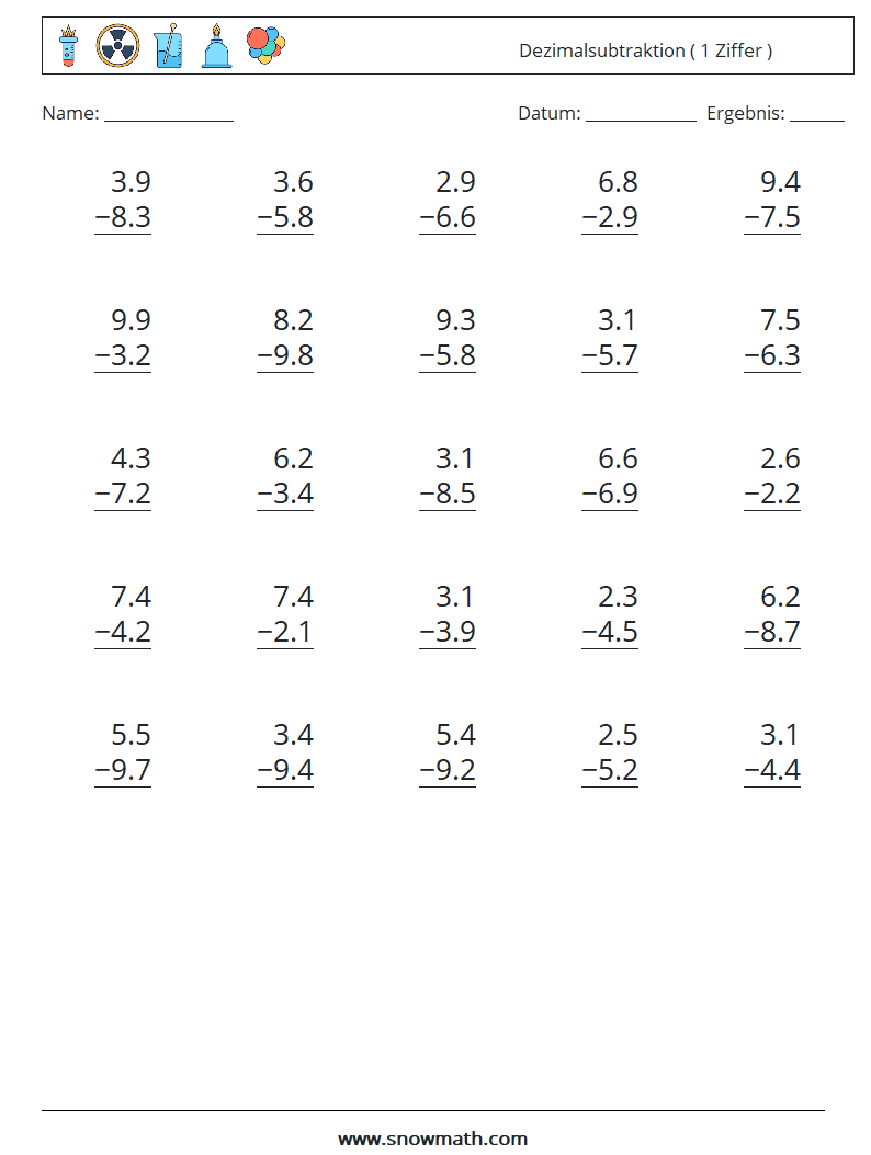 (25) Dezimalsubtraktion ( 1 Ziffer ) Mathe-Arbeitsblätter 4