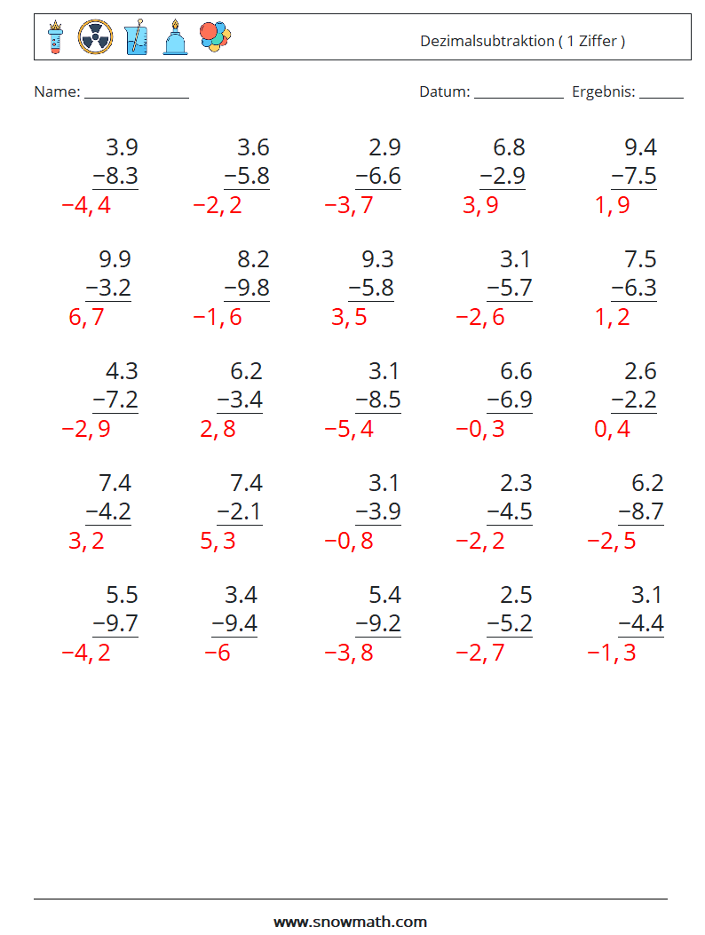 (25) Dezimalsubtraktion ( 1 Ziffer ) Mathe-Arbeitsblätter 4 Frage, Antwort