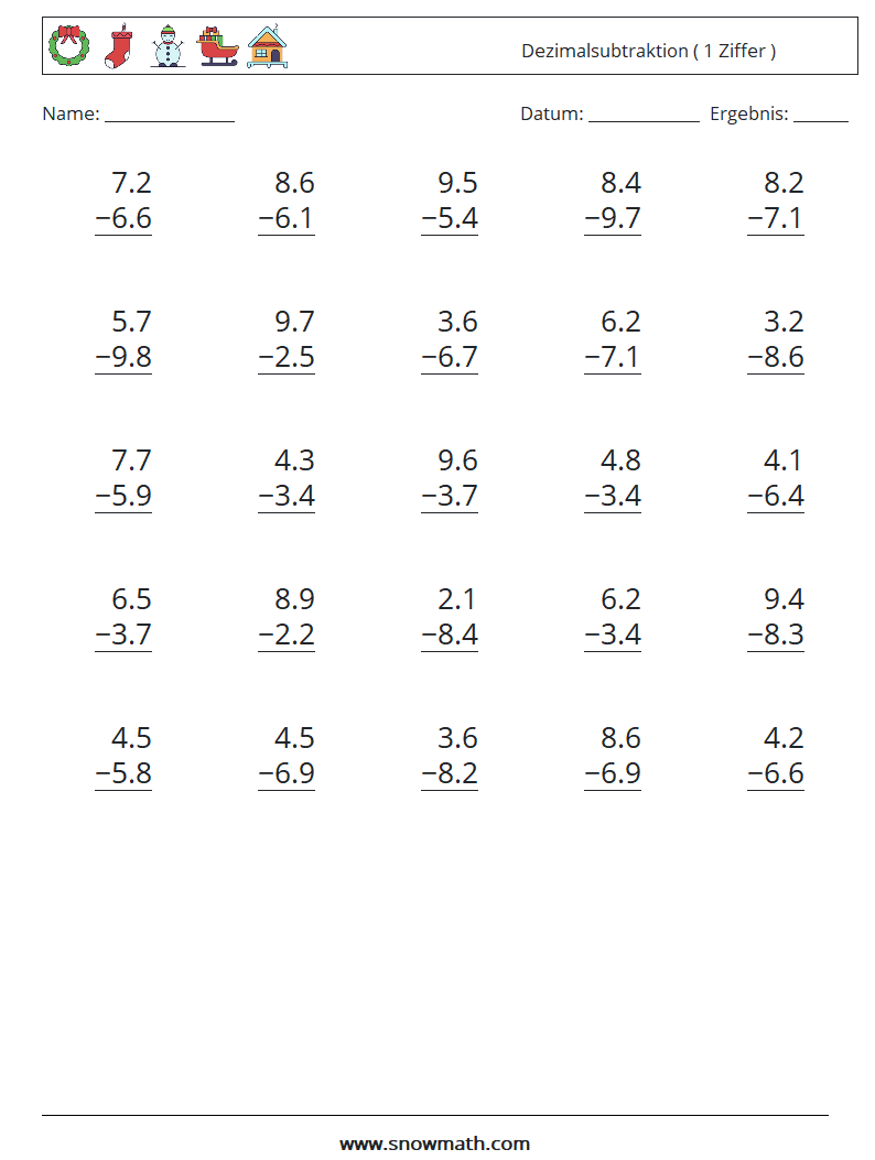 (25) Dezimalsubtraktion ( 1 Ziffer ) Mathe-Arbeitsblätter 5