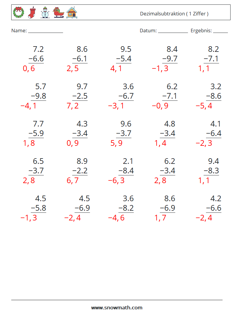 (25) Dezimalsubtraktion ( 1 Ziffer ) Mathe-Arbeitsblätter 5 Frage, Antwort