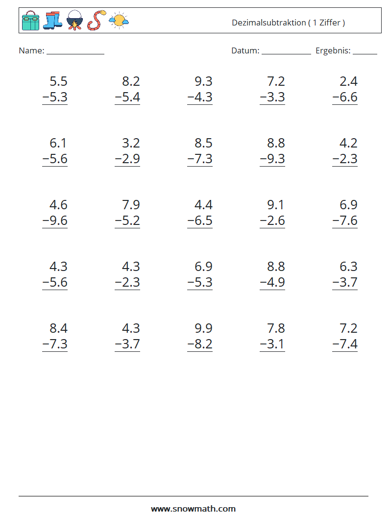 (25) Dezimalsubtraktion ( 1 Ziffer ) Mathe-Arbeitsblätter 6