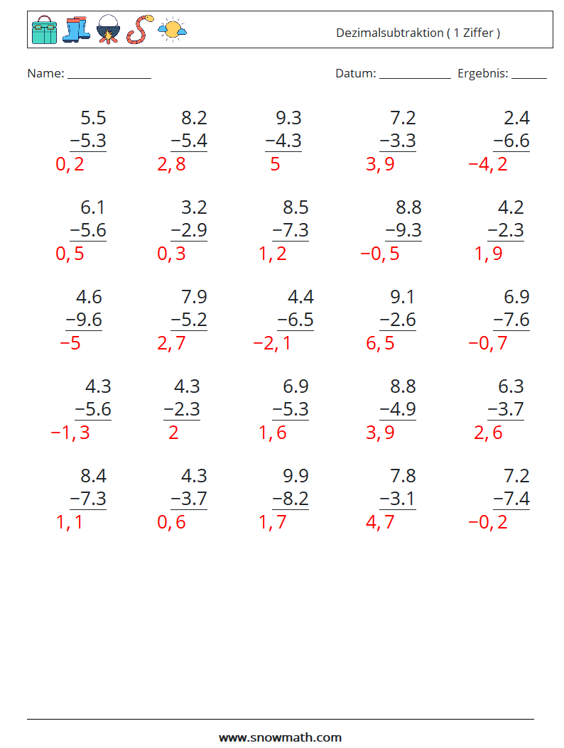 (25) Dezimalsubtraktion ( 1 Ziffer ) Mathe-Arbeitsblätter 6 Frage, Antwort
