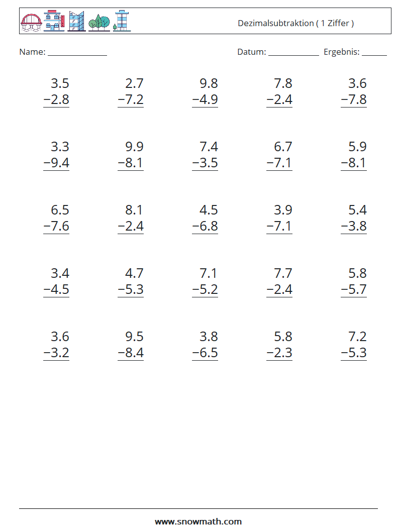 (25) Dezimalsubtraktion ( 1 Ziffer ) Mathe-Arbeitsblätter 7