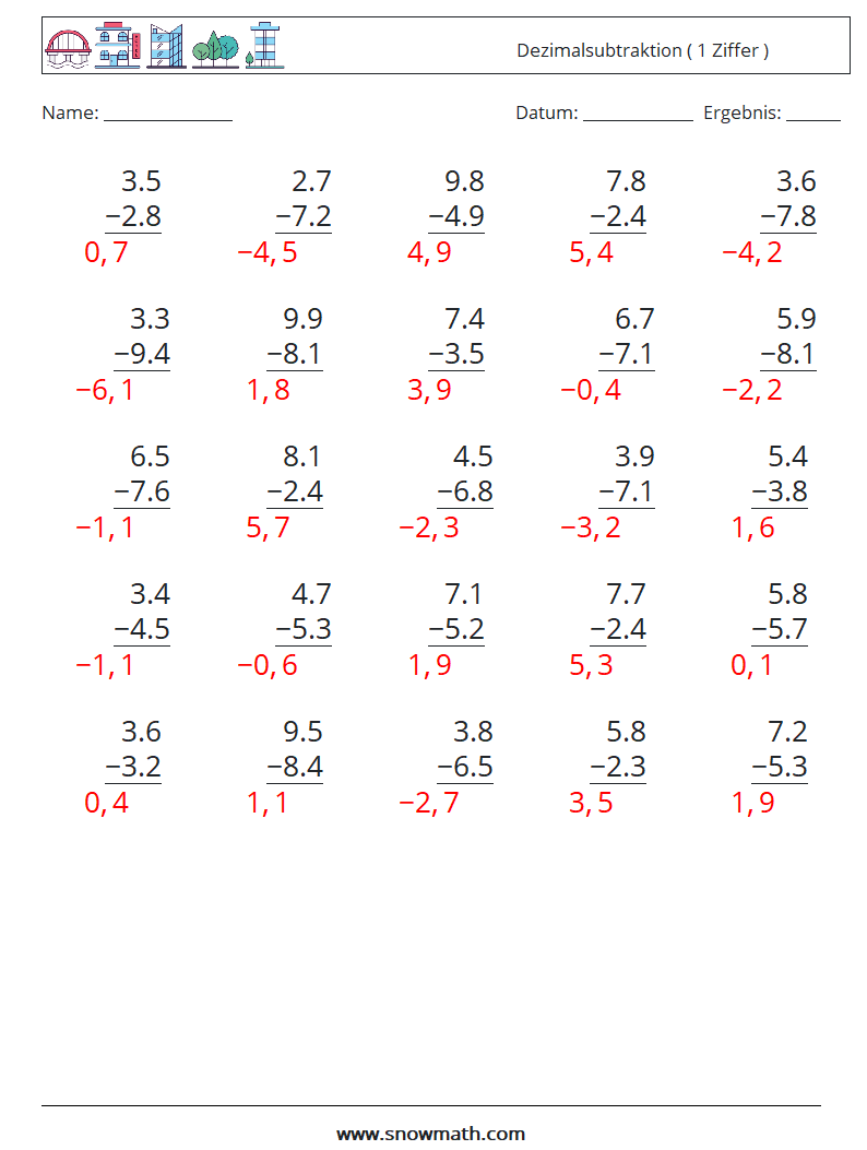 (25) Dezimalsubtraktion ( 1 Ziffer ) Mathe-Arbeitsblätter 7 Frage, Antwort