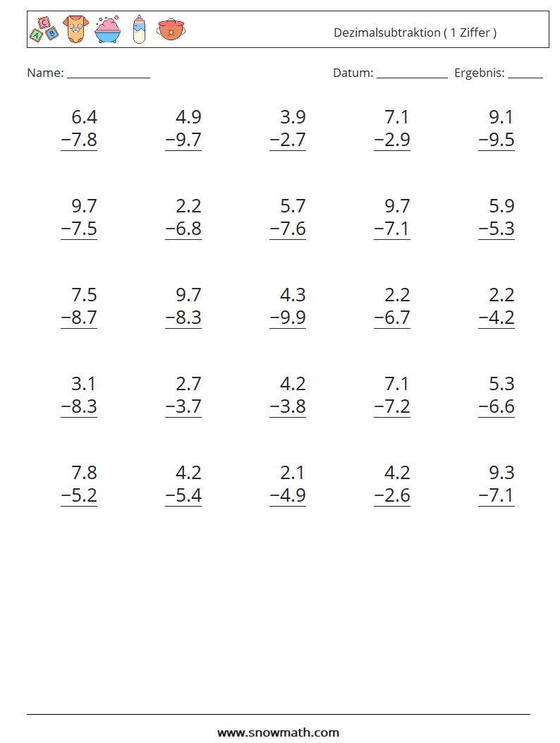 (25) Dezimalsubtraktion ( 1 Ziffer ) Mathe-Arbeitsblätter 8
