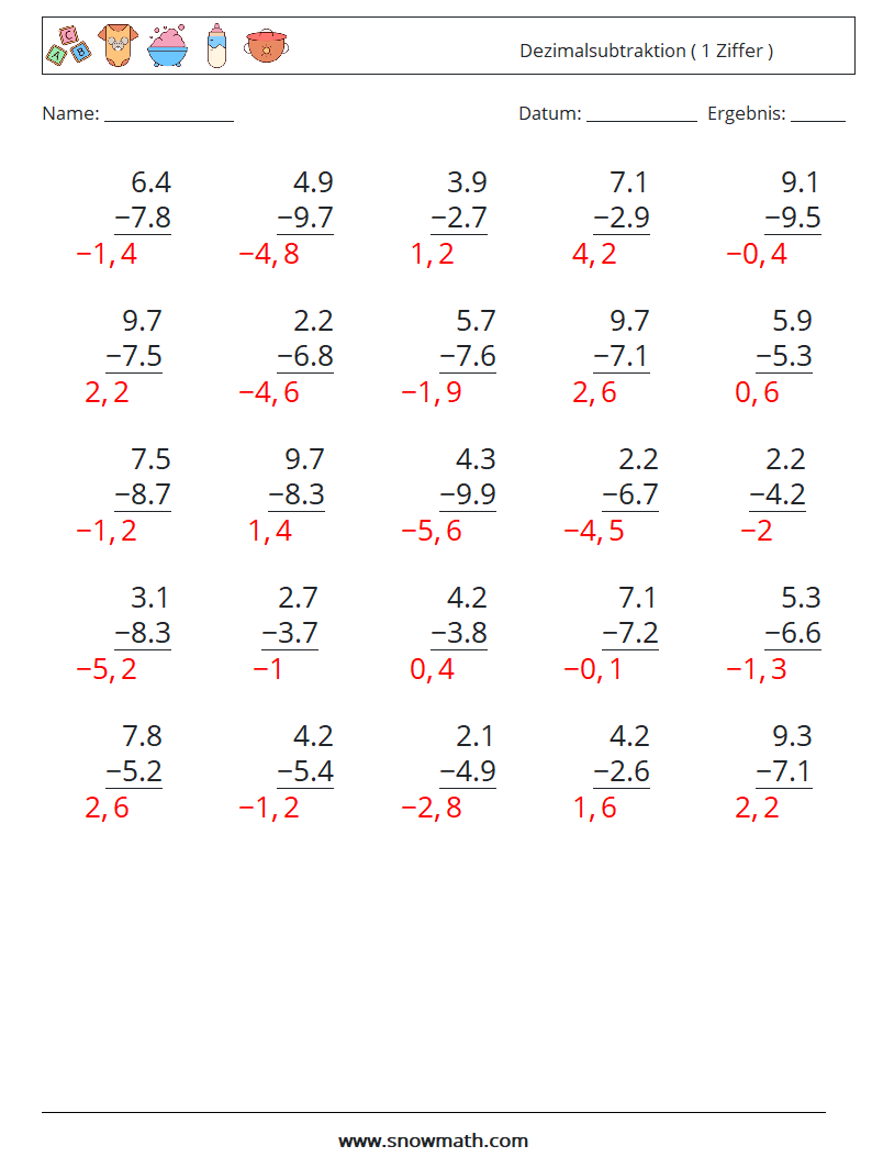 (25) Dezimalsubtraktion ( 1 Ziffer ) Mathe-Arbeitsblätter 8 Frage, Antwort