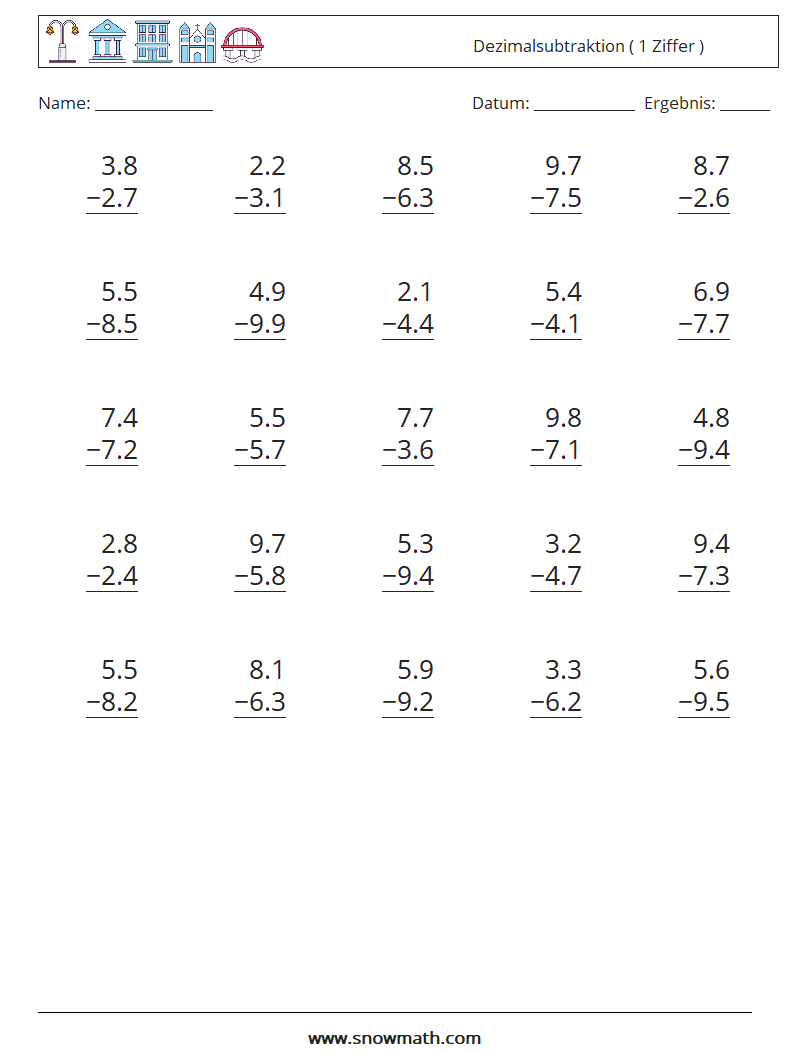 (25) Dezimalsubtraktion ( 1 Ziffer ) Mathe-Arbeitsblätter 9