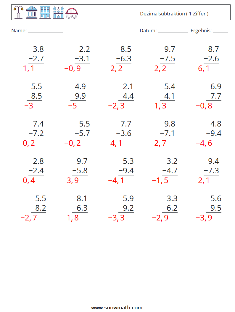 (25) Dezimalsubtraktion ( 1 Ziffer ) Mathe-Arbeitsblätter 9 Frage, Antwort