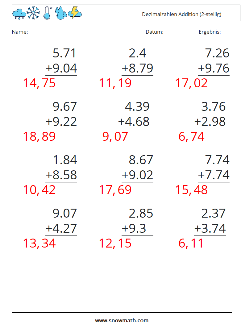 (12) Dezimalzahlen Addition (2-stellig) Mathe-Arbeitsblätter 10 Frage, Antwort