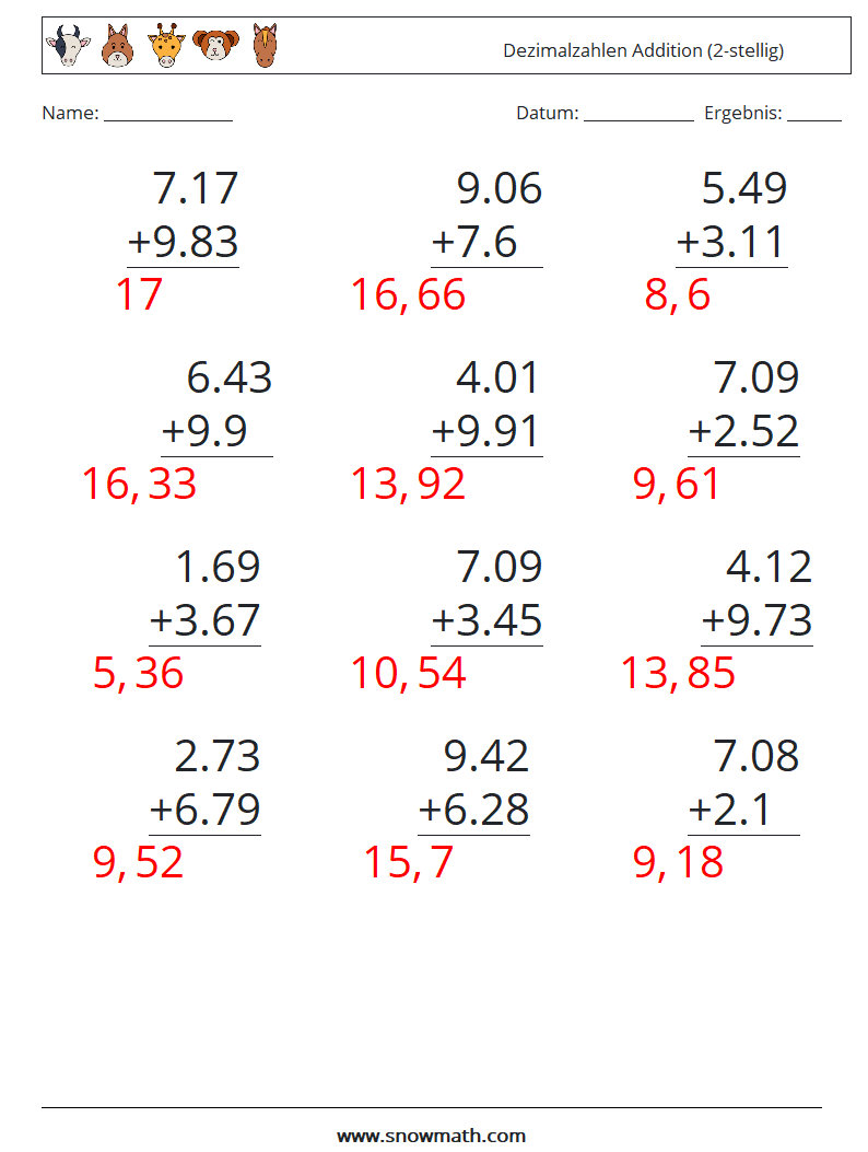 (12) Dezimalzahlen Addition (2-stellig) Mathe-Arbeitsblätter 11 Frage, Antwort