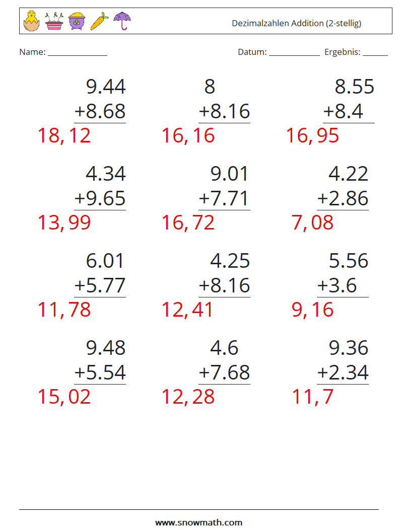 (12) Dezimalzahlen Addition (2-stellig) Mathe-Arbeitsblätter 12 Frage, Antwort