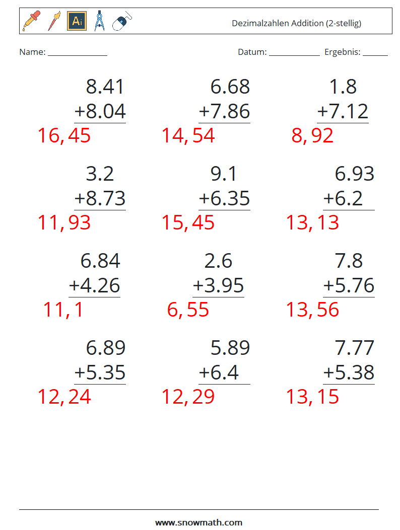 (12) Dezimalzahlen Addition (2-stellig) Mathe-Arbeitsblätter 13 Frage, Antwort