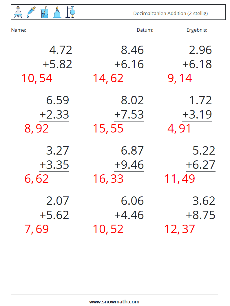 (12) Dezimalzahlen Addition (2-stellig) Mathe-Arbeitsblätter 17 Frage, Antwort