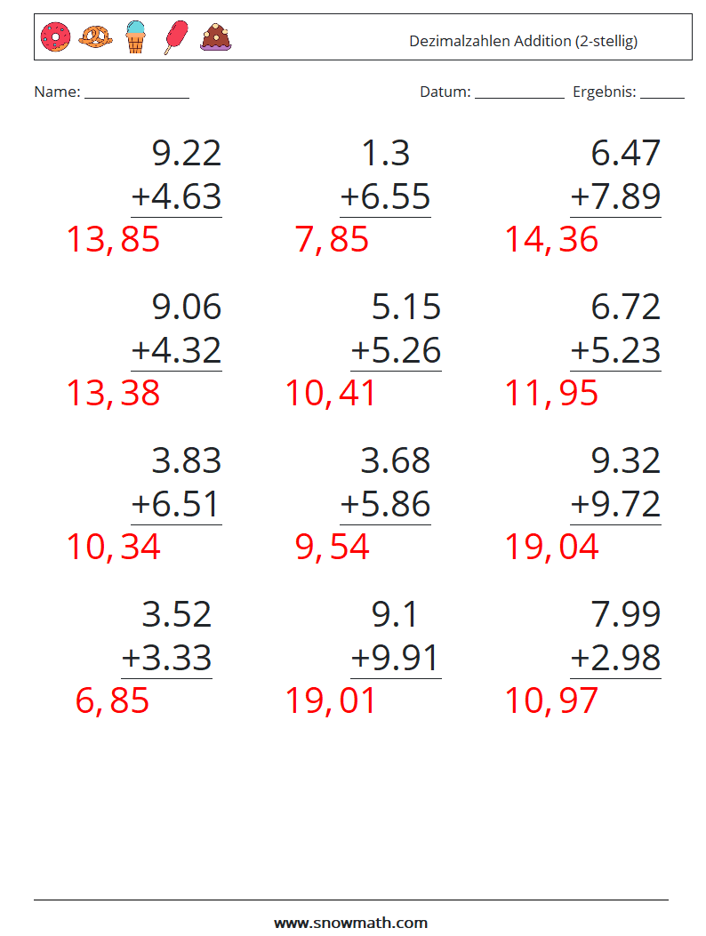 (12) Dezimalzahlen Addition (2-stellig) Mathe-Arbeitsblätter 18 Frage, Antwort