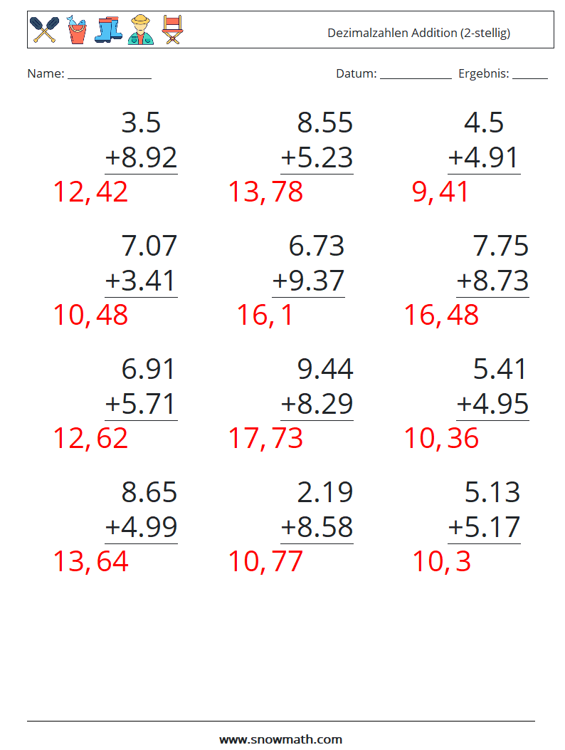 (12) Dezimalzahlen Addition (2-stellig) Mathe-Arbeitsblätter 6 Frage, Antwort