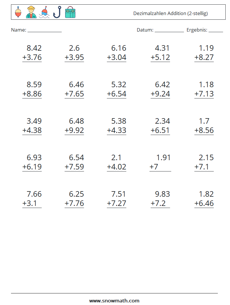 (25) Dezimalzahlen Addition (2-stellig) Mathe-Arbeitsblätter 10