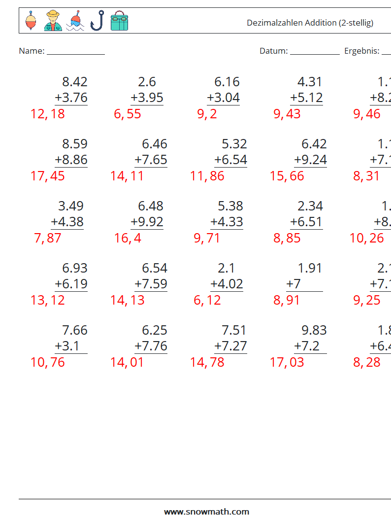 (25) Dezimalzahlen Addition (2-stellig) Mathe-Arbeitsblätter 10 Frage, Antwort