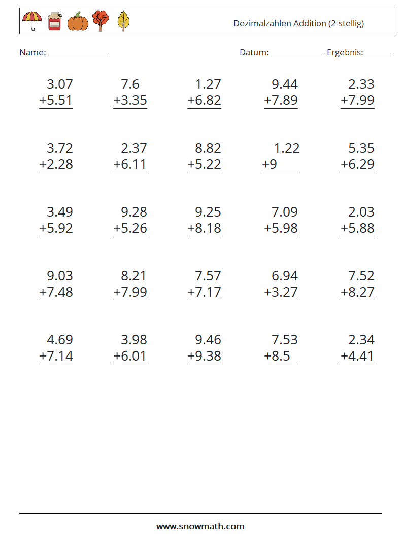 (25) Dezimalzahlen Addition (2-stellig) Mathe-Arbeitsblätter 11