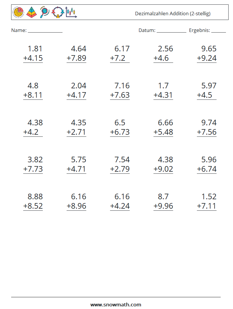 (25) Dezimalzahlen Addition (2-stellig) Mathe-Arbeitsblätter 12