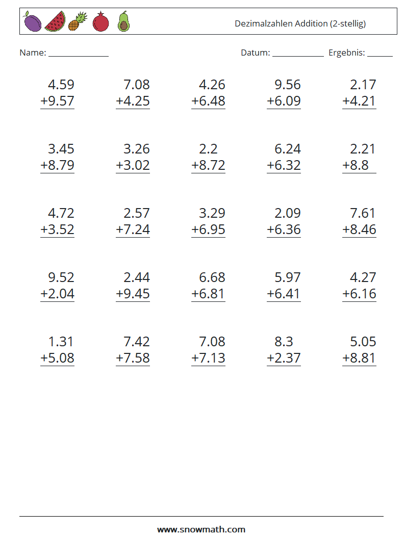 (25) Dezimalzahlen Addition (2-stellig) Mathe-Arbeitsblätter 13
